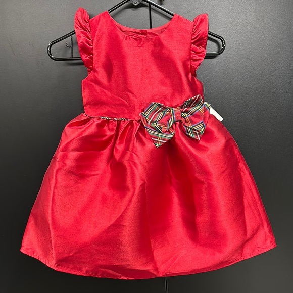 Blueberi Holiday Red,satin look,cap ruffle sleeve,plaid & metallic bow,lined - Picture 1 of 6
